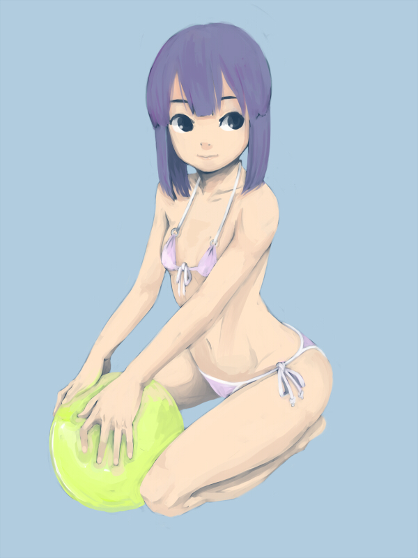 ball beachball bikini black_eyes face flat_chest hands kneeling nakoru-san original purple_hair short_hair solo swimsuit