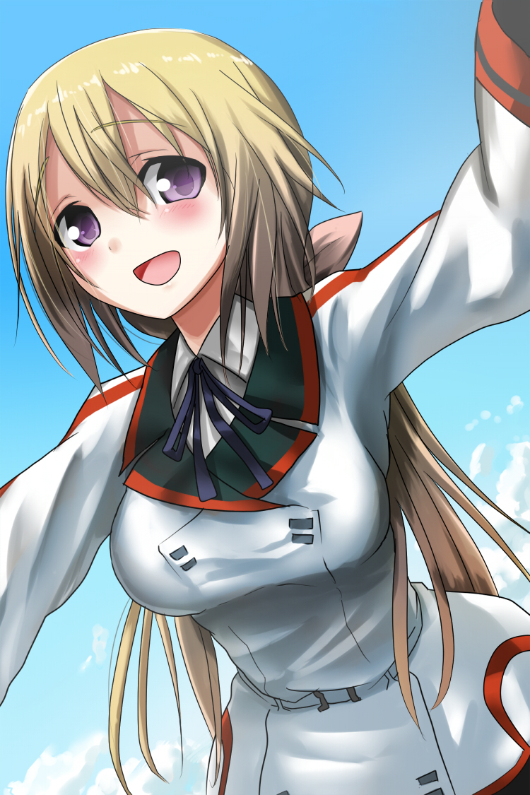 blonde_hair charlotte_dunois cloud day infinite_stratos long_hair ogadenmon open_mouth purple_eyes sky smile solo