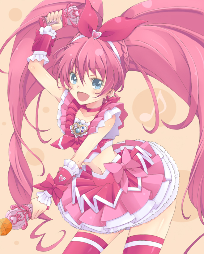:d blue_eyes bow braid brooch choker cure_melody dual_wielding earrings eyelashes frills gathers hairband holding houjou_hibiki jewelry kannagi_kaname long_hair magical_girl midriff musical_note navel open_mouth panties pantyshot pink_bow pink_choker pink_hair pink_legwear pleated_skirt precure skirt smile solo suite_precure thighhighs underwear very_long_hair white_panties wrist_cuffs