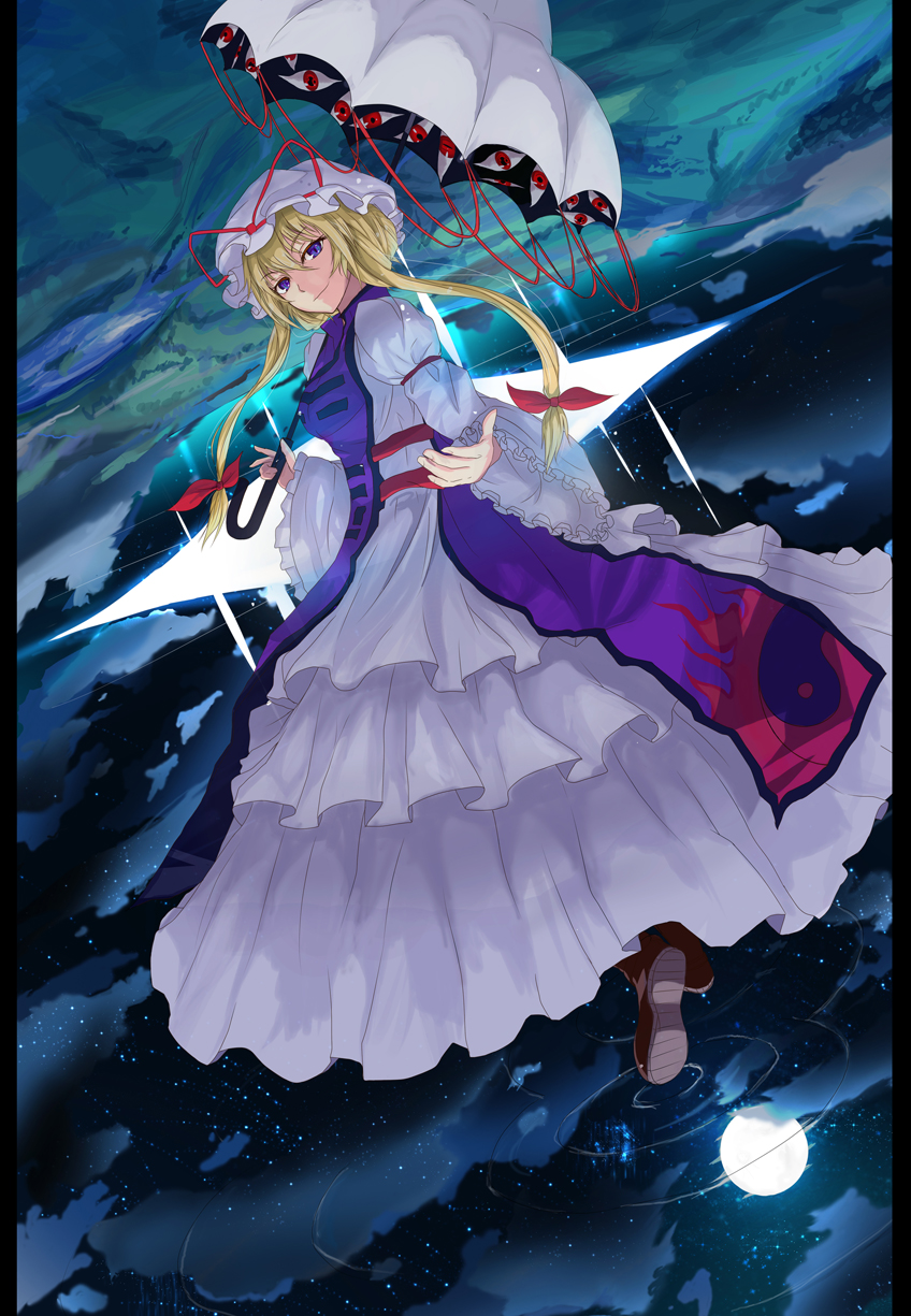 bad_id bad_pixiv_id blonde_hair eyes full_moon gap hair_up hat highres miruto_netsuki moon night pillarboxed purple_eyes reflection short_hair sky solo star_(sky) starry_sky tabard touhou umbrella yakumo_yukari