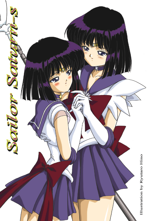 artist_name bishoujo_senshi_sailor_moon black_hair blush bow brooch character_name choker cowboy_shot dual_persona elbow_gloves gloves hino_ryutaro holding holding_hands holding_spear holding_weapon jewelry looking_at_another magical_girl multiple_girls pleated_skirt polearm purple_eyes purple_sailor_collar purple_skirt red_bow sailor_collar sailor_saturn sailor_senshi_uniform short_hair silence_glaive skirt spear staff star star_choker super_sailor_saturn tiara tomoe_hotaru weapon white_background white_gloves