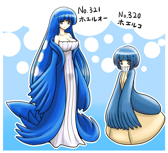 2girls blue blue_hair breasts long_hair multiple_girls personification pokemon wailmer wailord