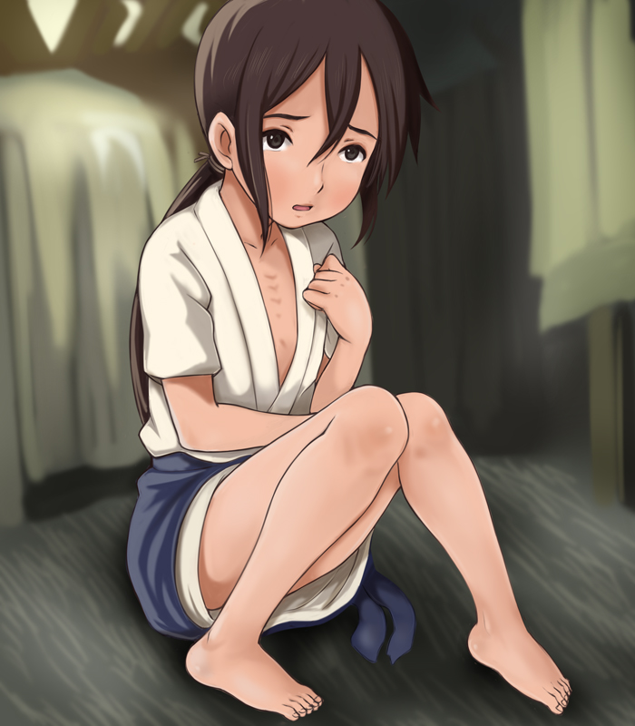 barefoot brown_eyes brown_hair e10 feet flat_chest japanese_clothes long_hair original ponytail sitting solo