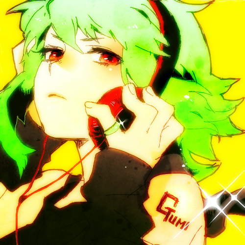 bad_id bad_pixiv_id face green_hair gumi hands headphones lowres portrait red_eyes solo vocaloid