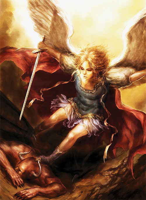 angel angel_wings blonde_hair boots cape closed_eyes demon demon_wings fantasy original realistic short_hair skirt sword tomoe_(artist) weapon wings