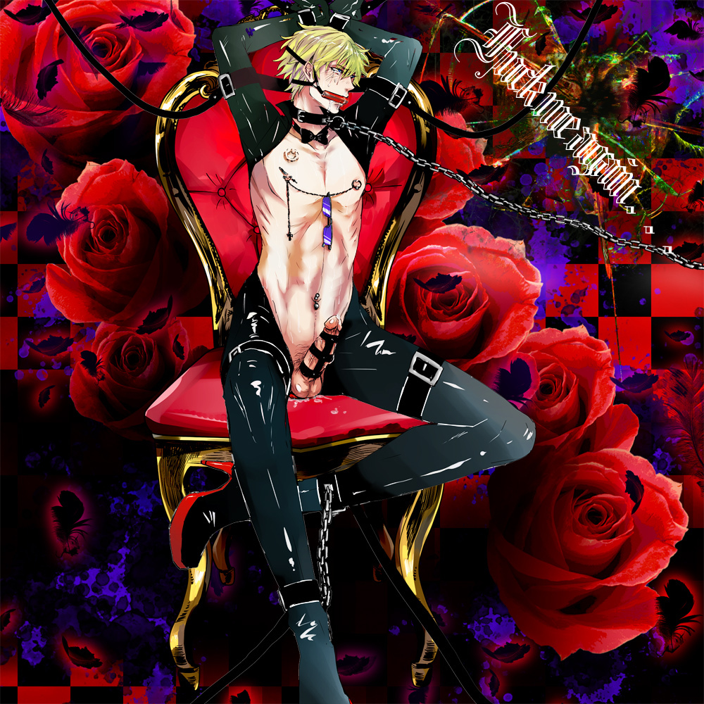 1boy bdsm bl blonde_hair bondage bound bound_ankles bound_penis bound_wrists bow bow_tie bowtie cbt character_request checkered checkered_background cock_and_ball_torture collar durarara!! elbow_gloves erection fetish fetish_wear gag gloves heiwajima_shizuo leash leather male male_focus male_gay navel navel_piercing navel_ring nipple_ring nipple_rings nipples opera_gloves penis piercing shades slave solo source_request sunglasses tears torture yaoi