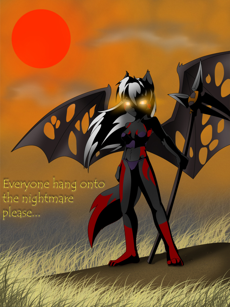 corset destinas fox glowing glowing_eyes grass hair mammal red_sun scythe solo unknown_artist white_hair wings