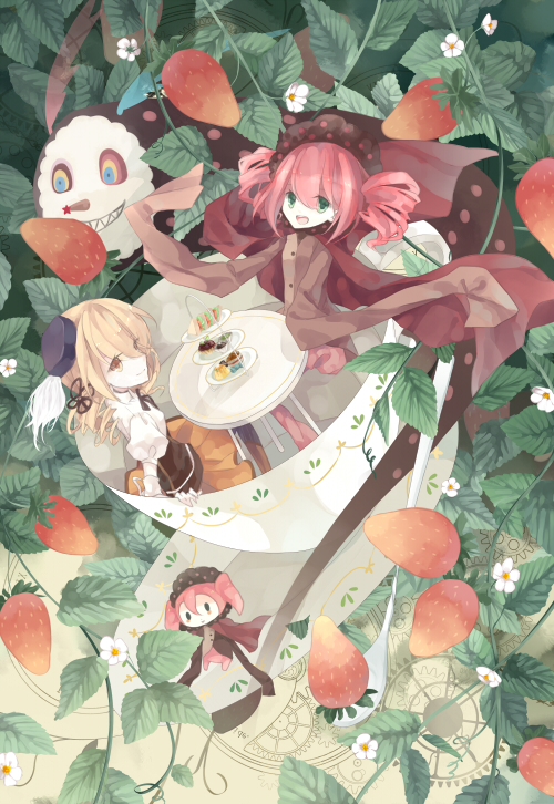 bad_id bad_pixiv_id beret blonde_hair cake charlotte_(madoka_magica) corset cup drill_hair flower food fruit green_eyes hair_ornament hat magical_girl mahou_shoujo_madoka_magica multiple_girls personification pink_hair plant pleated_skirt shrie skirt sleeves_past_wrists smile strawberry strawberry_blossoms teacup tiered_tray tomoe_mami vines yellow_eyes