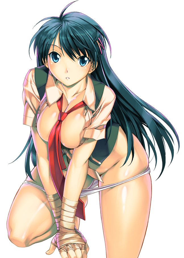 aqua_eyes bandages breasts cleavage large_breasts legs long_hair muramasa_mikado necktie no_bra no_pants open_clothes open_shirt panties panty_pull shinonome_miki shirt simple_background solo thick_thighs thighs underwear wrestle!_the_underground