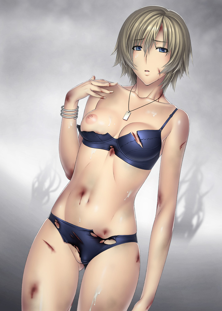 aya_brea bleeding blood blue_eyes bra bracelet breasts collarbone cuts groin injury jewelry kansuke lingerie navel necklace nipples panties parasite_eve short_hair small_breasts solo torn_clothes underwear underwear_only