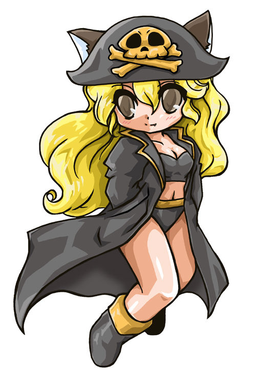animal_ears bad_id bad_pixiv_id bikini blonde_hair boots brown_eyes captain_nora cat_ears coat full_body hands_in_pockets hat knee_boots long_hair monster_maker okuri_ookami pirate pirate_hat shoes simple_background skull smile solo swimsuit white_background