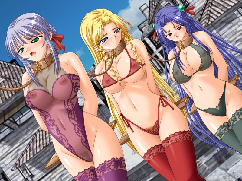 3girls arms_behind_back artist_request bdsm blonde_hair blue_hair blush bondage bound bra breasts cleavage coffle collar large_breasts legwear lingerie long_hair multiple_girls navel nipples open_mouth panties pubic_hair pussy see-through slave source_request stockings stocks tears thighhighs uncensored underwear walking