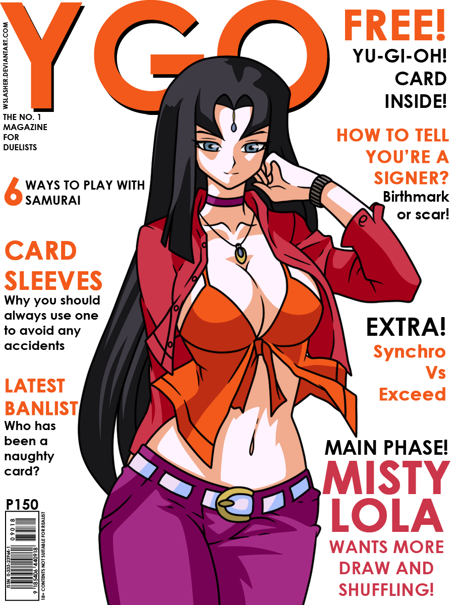 barcode belt black_hair blouse blue_eyes breasts cleavage collar crop_top denim highres jeans jewelry large_breasts long_hair magazine midriff misty_lola navel necklace open_clothes open_shirt pants shirt solo vector_trace wslasher yuu-gi-ou yuu-gi-ou_5d's