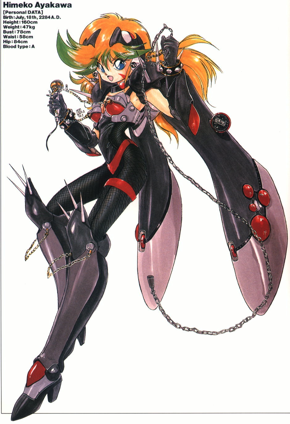 90s ahoge akitaka_mika ayakawa_himeko blonde_hair blue_eyes bodysuit boots breasts chain character_name choker full_body ginga_ojou-sama_densetsu_yuna gloves greaves green_hair happy high_heels highres knee_boots long_hair looking_at_viewer mecha_musume medium_breasts microphone multicolored_hair official_art open_mouth pauldrons scan shoes simple_background solo spikes streaked_hair white_background