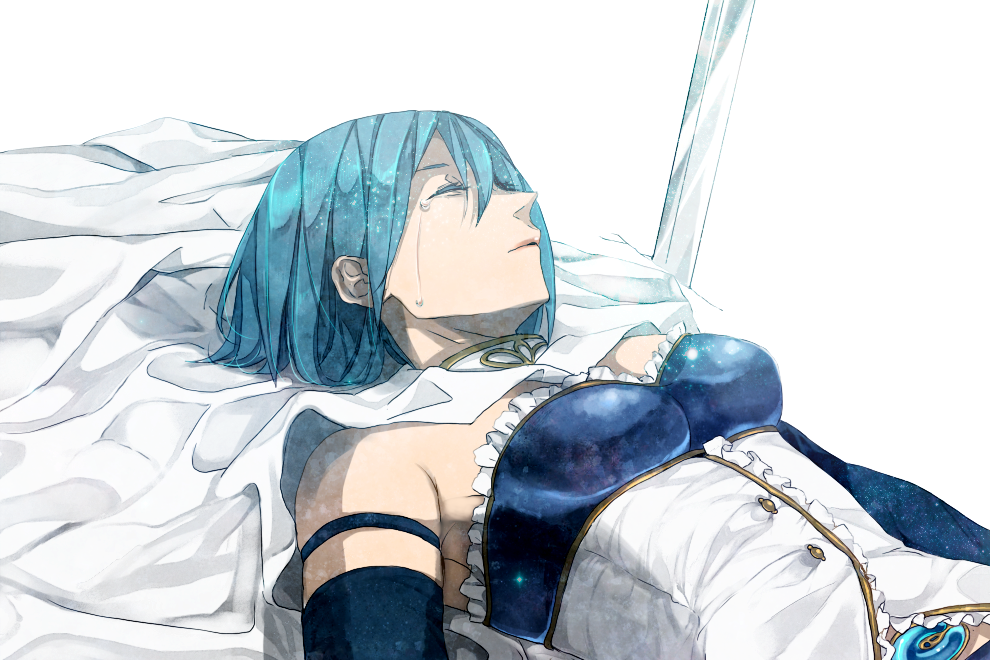 bare_shoulders blue_hair breasts cape closed_eyes closed_mouth colored_eyelashes crying detached_collar detached_sleeves gori lying magical_girl mahou_shoujo_madoka_magica miki_sayaka nose on_back planted_sword planted_weapon short_hair simple_background solo strapless streaming_tears sword tears upper_body weapon white_background white_cape