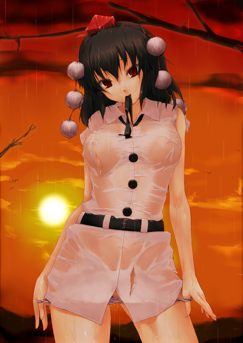 belt black_hair breasts covered_nipples hat kuku_px large_breasts looking_at_viewer mouth_hold no_bra no_pants panties panty_pull rain red_eyes see-through shameimaru_aya solo sunset tokin_hat torn_clothes touhou underwear wet wet_clothes