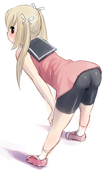 ass bare_shoulders bent_over bike_shorts blonde_hair blush bow hair_bow hair_ornament katatsuka_kouji looking_back original shadow simple_background socks solo twintails white_background