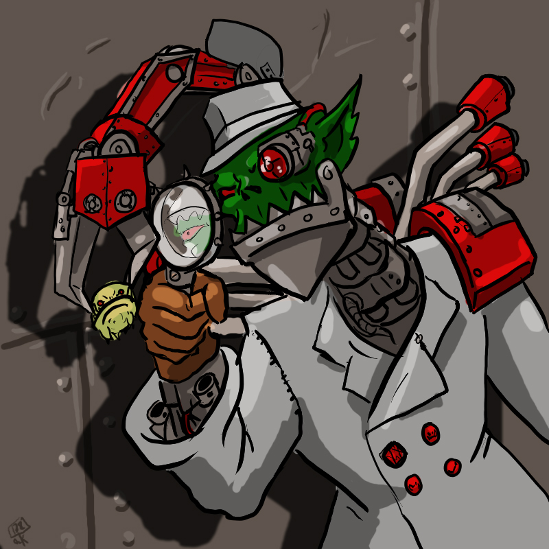 artist_request crossover cyborg green_skin hat inspector_gadget magnifying_glass male_focus orkz parody pointy_ears raincoat solo warhammer_40k