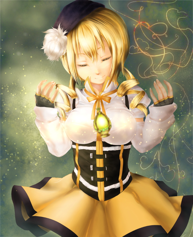 1girl bad_id bad_pixiv_id beret blonde_hair breasts closed_eyes colorized corset detached_sleeves drill_hair fingerless_gloves gloves hair_ornament hat large_breasts magical_girl mahou_shoujo_madoka_magica pleated_skirt puffy_sleeves ribbon shirt skirt smile solo soul_gem taut_clothes taut_shirt tijuu tomoe_mami yellow_eyes