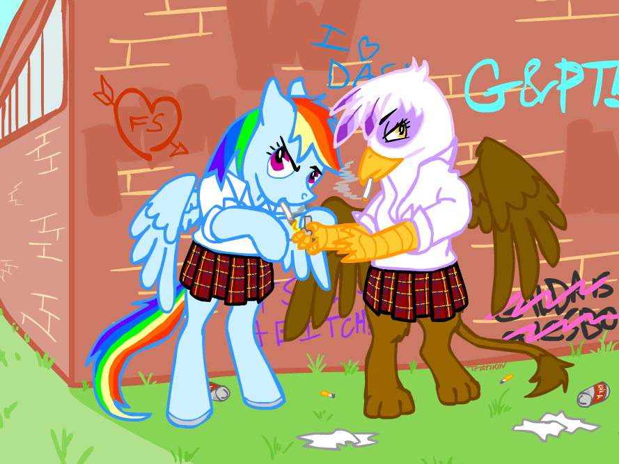 anthrofied avian beak blue blue_body duo english_text equine feathers female fire friendship_is_magic gilda_(mlp) graffiti gryphon hair hooves horse lighter mammal multi-colored_hair my_little_pony outside pegasus pony rainbow_dash_(mlp) rainbow_hair red_eyes school skirt smoking text trash tristikov white wings