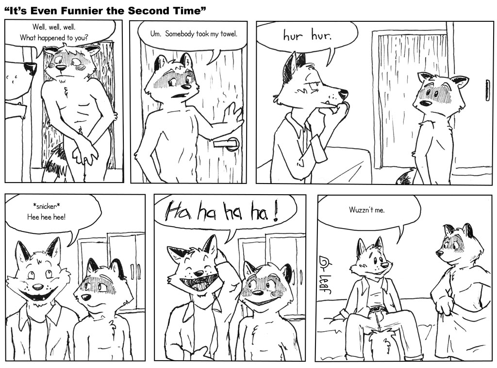 black_and_white blush canine closet_coon colin_young comic covering covering_self fox jeff-kun laugh leafdog male mammal monochrome nude raccoon red_fox towel uncolored