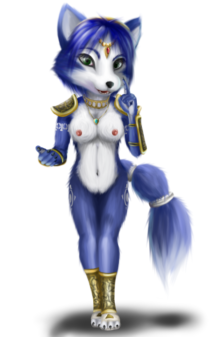 blue_hair bracelet breasts canine circlet female fox hair jewelry krystal leg_band leg_markings markings necklace nintendo nude sandals shoes short_hair shoulder_guards solo star_fox tail tail_band video_games