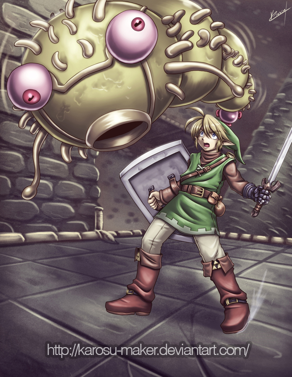 blonde_hair blue_eyes boots fighting gloves karosu_maker link moldorm monster sword the_legend_of_zelda the_legend_of_zelda:_a_link_to_the_past weapon