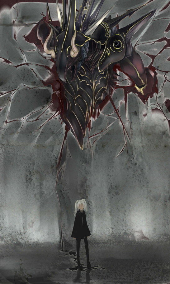 akakatta armor blood demon horns looking_at_viewer monster open_mouth silver_hair size_difference standing twintails wall