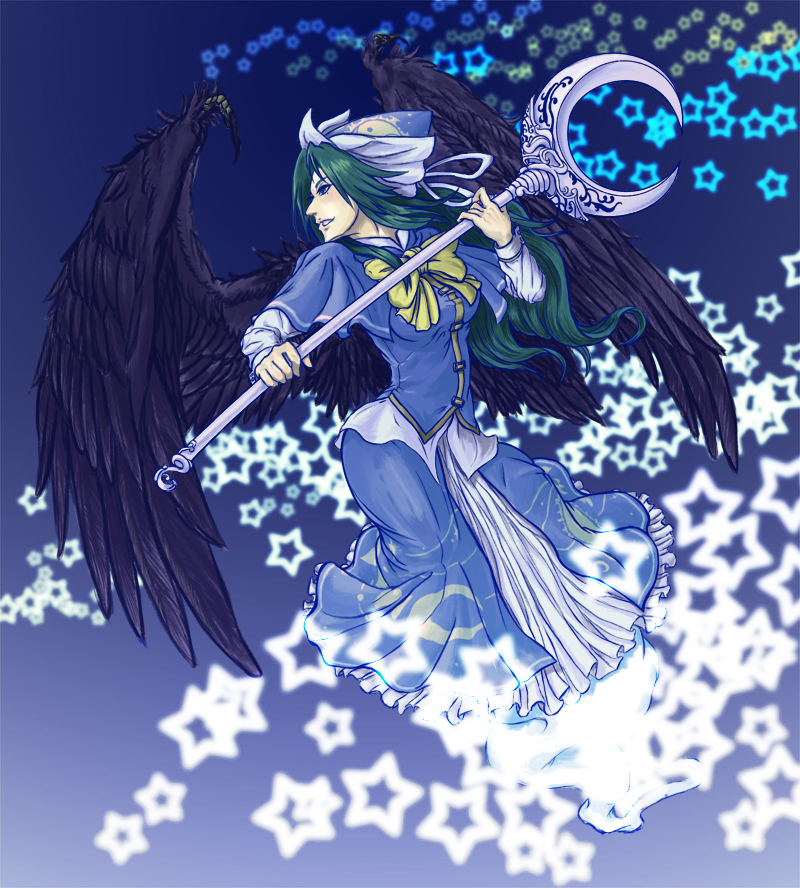 black_wings blue_capelet capelet chito_memeko ghost_tail green_hair hat long_hair mima ornate ribbon solo staff star touhou touhou_(pc-98) wings wizard_hat