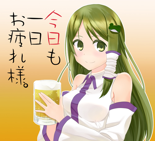 alcohol ayasugi_tsubaki beer green_eyes green_hair kochiya_sanae long_hair lowres solo touhou