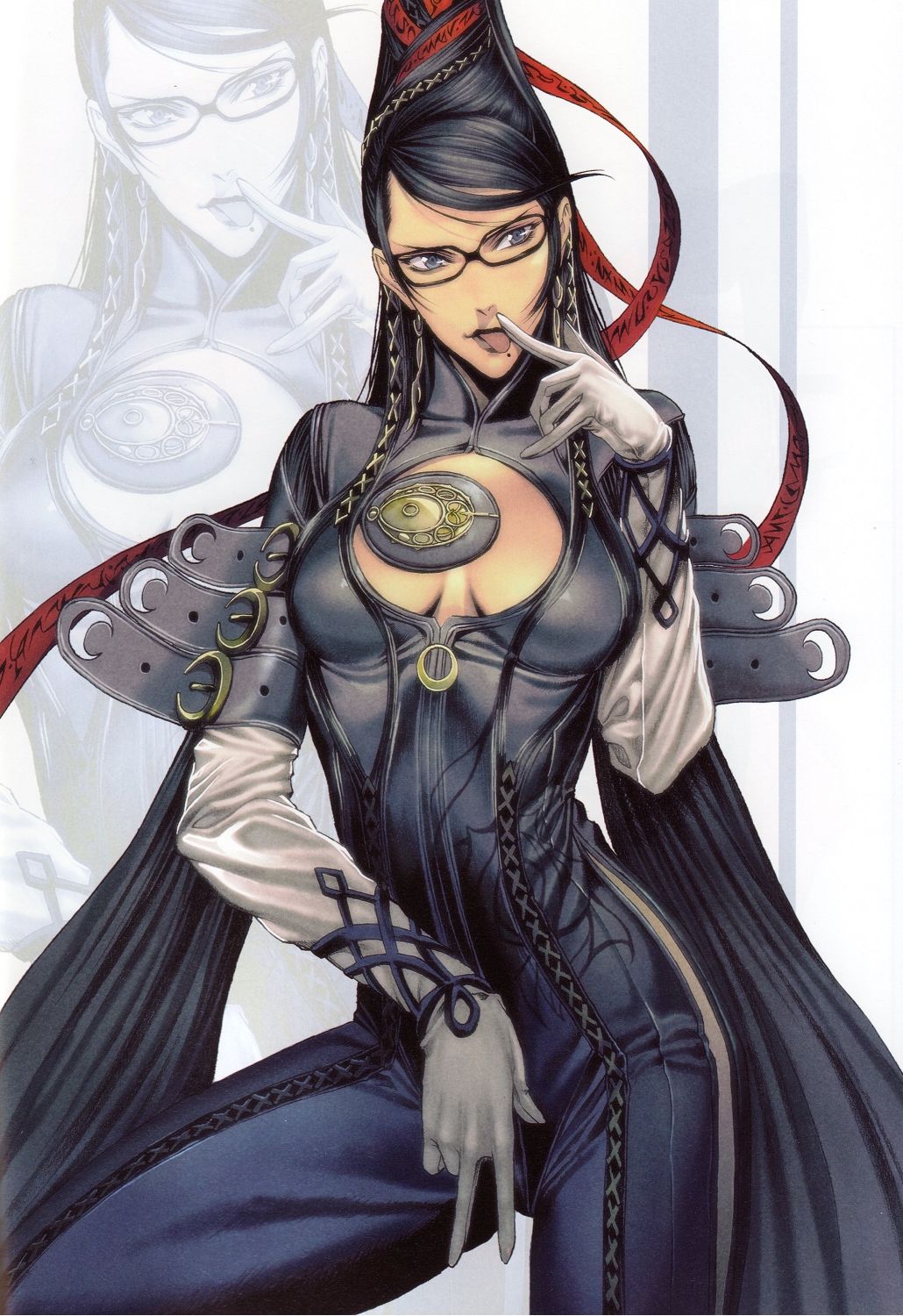 bayonetta bayonetta_(character) blue_eyes cleavage_cutout duplicate earrings glasses gloves highres homare_(fool's_art) jewelry long_hair mole mole_under_mouth solo tongue zoom_layer