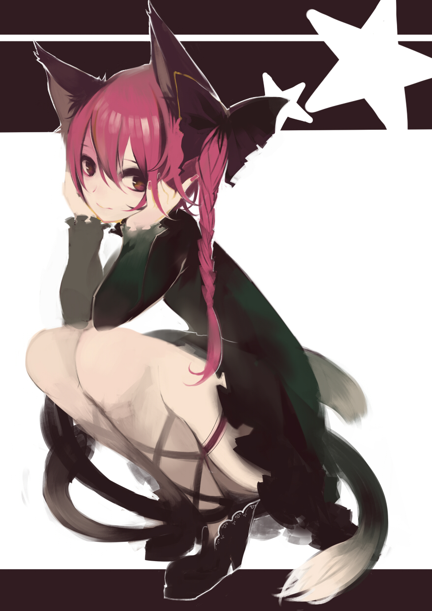 animal_ears bad_id bad_pixiv_id cat_ears cat_tail chin_rest highres k_(li) kaenbyou_rin multiple_tails pink_hair solo squatting star tail touhou