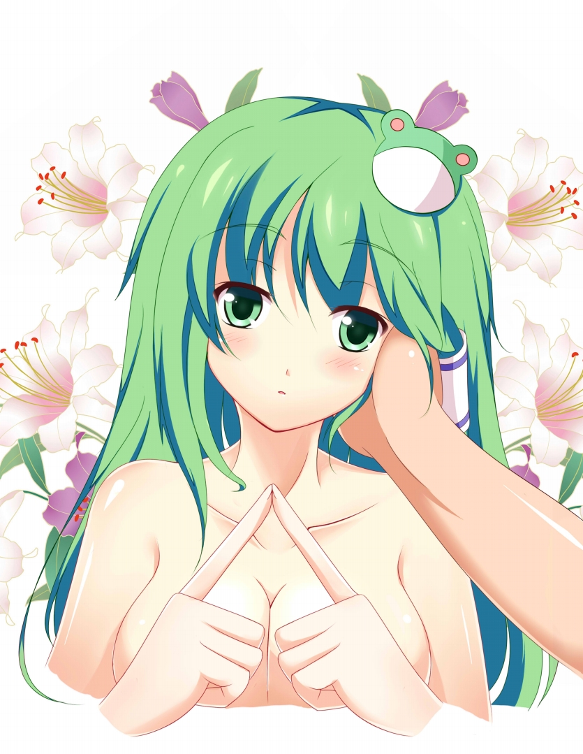 bad_id bad_pixiv_id breasts flower frog green_eyes green_hair hair_ornament hand_on_another's_cheek hand_on_another's_face hands kochiya_sanae large_breasts long_hair nude pov rin_(ateria) solo_focus touhou upper_body