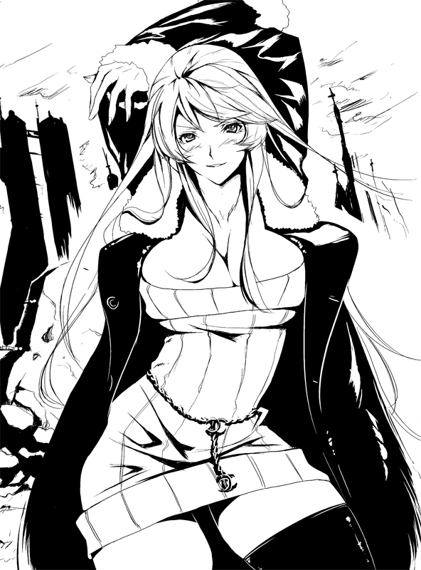 asanuma bad_id bad_pixiv_id blush breasts chain cleavage coat greyscale large_breasts legs long_hair monochrome original solo thighhighs thighs