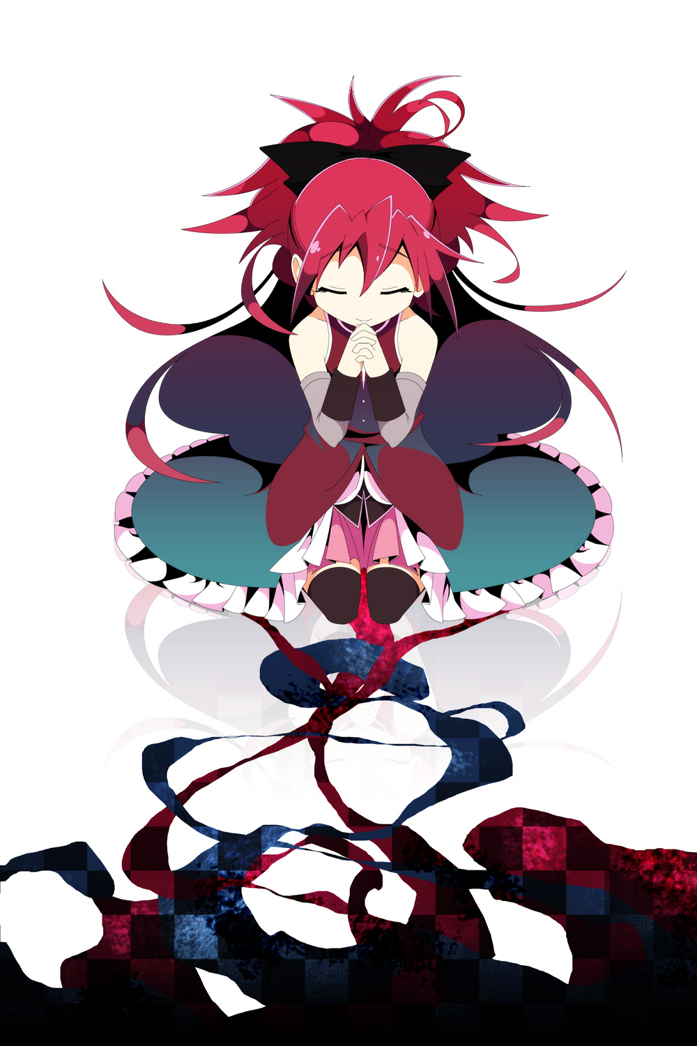 black_legwear checkered closed_eyes detached_sleeves hands_clasped highres kneeling long_hair mahou_shoujo_madoka_magica mzh own_hands_together ponytail praying red_hair sakura_kyouko smile solo thighhighs