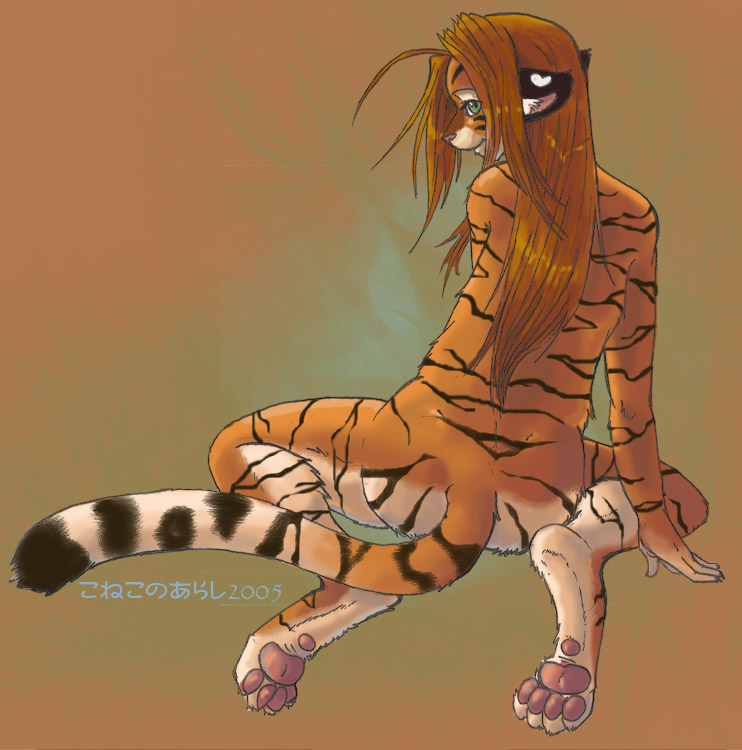 anthro back butt feline female hair japanese_text konekonoarashi long_hair mammal pawpads solo tail text tiger
