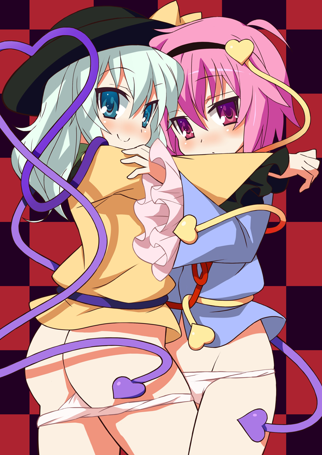 9law ass blue_eyes blush checkered checkered_background groin hat hug komeiji_koishi komeiji_satori multiple_girls no_pants panties panty_pull purple_eyes purple_hair short_hair siblings silver_hair sisters touhou underwear