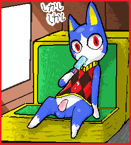 animal_crossing blue blush bottomless cat feline male penis popsicle red_eyes rover sitting solo sweater train