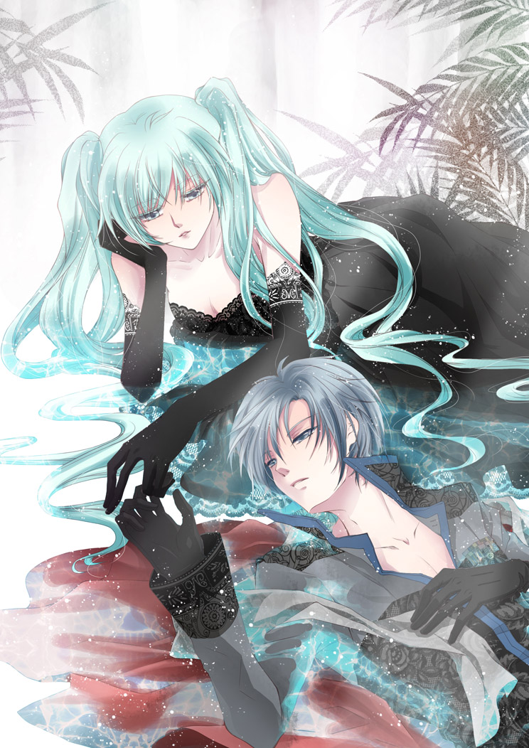 1girl aqua_eyes aqua_hair blue_eyes blue_hair cantarella_(vocaloid) chin_rest dress elbow_gloves formal gloves hatsune_miku kaito long_hair lying strapless strapless_dress tenkei twintails very_long_hair vocaloid