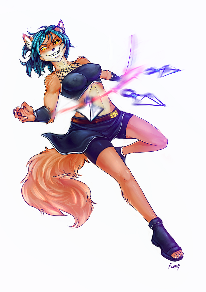 canine female fox fudchan glowing_eyes kunai leona midriff ninja pointy solo throwing