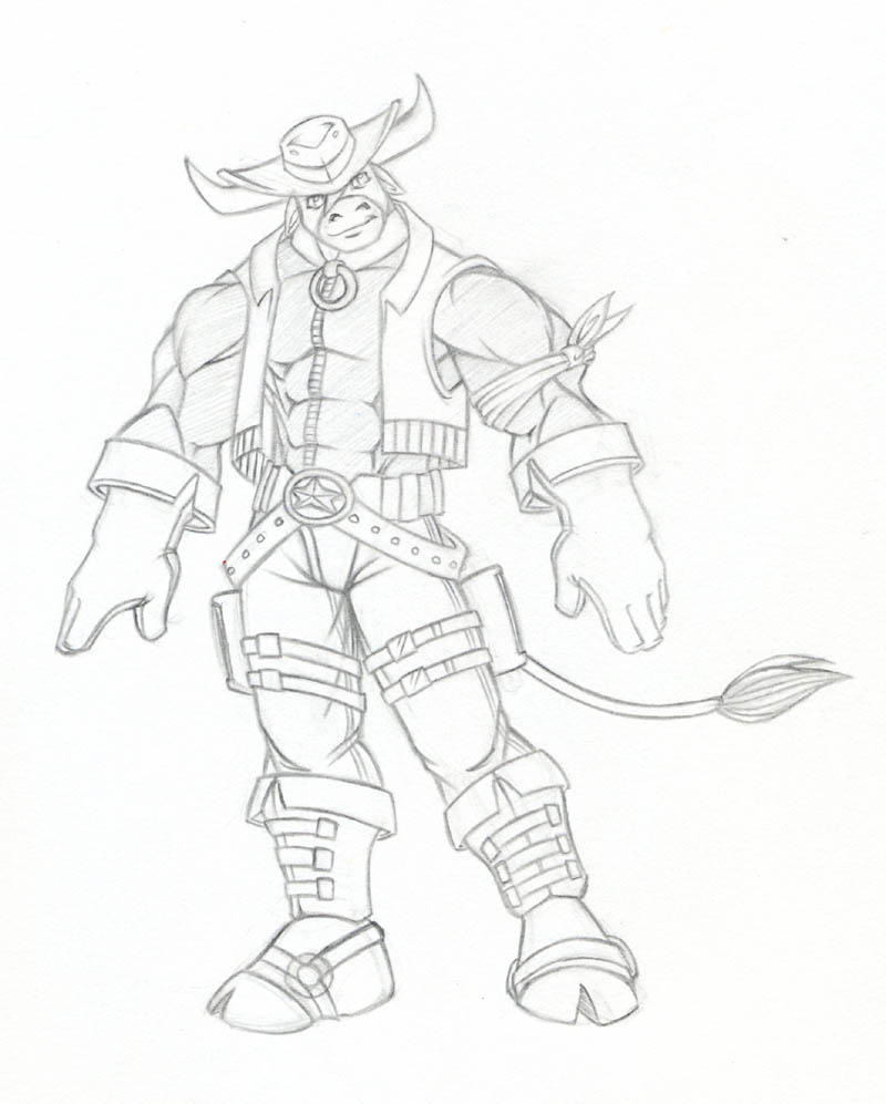 bovine bull grin hooves horns looking_at_viewer male marshal_moo_montana muscles sketch solo standing tkc2021 wild_west_c.o.w.-boys_of_moo_mesa