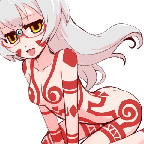 7-tan arched_back bodypaint breasts face facepaint glasses imuhata_shimuro long_hair lowres neo_ranga nude os-tan silver_hair simple_background sitting small_breasts solo tongue tribal wariza windows yellow_eyes