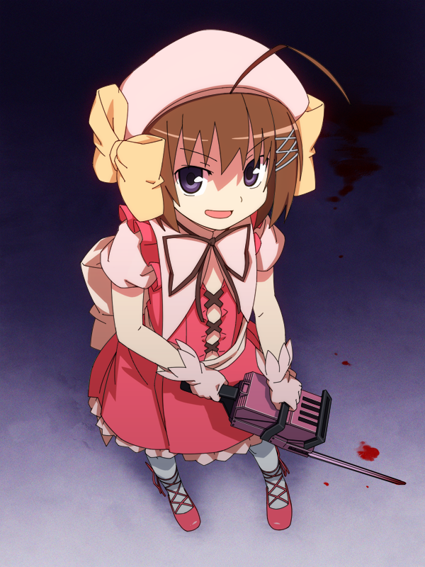 ahoge bad_id bad_pixiv_id blue_eyes bow brown_hair chainsaw ettamu fang gloves hair_ornament hairclip haruna_(kore_wa_zombie_desu_ka?) hat kore_wa_zombie_desu_ka? short_hair smile solo yellow_bow