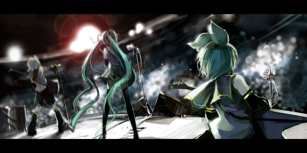 2girls bad_id bad_pixiv_id bass_guitar blonde_hair blueman blurry concert depth_of_field detached_sleeves from_behind green_hair guitar hatsune_miku instrument kagamine_len kagamine_rin letterboxed long_hair microphone microphone_stand multiple_girls short_hair skirt stage standing thighhighs twintails very_long_hair vocaloid