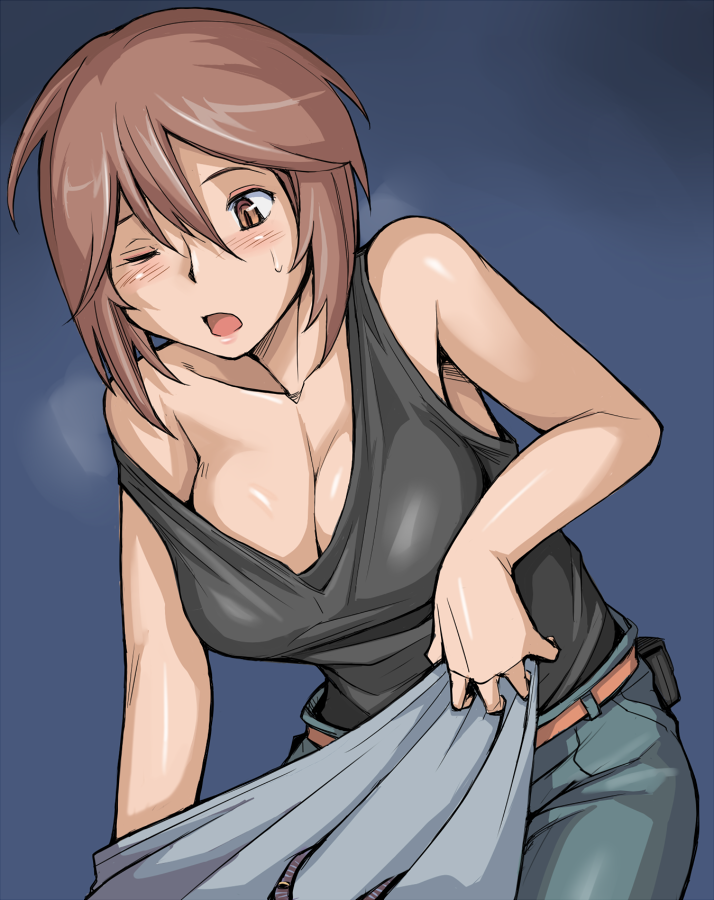 blush breasts brown_eyes brown_hair casual cleavage large_breasts off_shoulder older one_eye_closed rozen_maiden shirt short_hair solo souseiseki tank_top taut_clothes taut_shirt tsuda_nanafushi