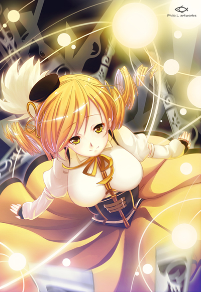bad_id bad_pixiv_id beret blonde_hair blurry corset depth_of_field drill_hair fingerless_gloves gloves glowing gun hat light light_particles light_smile magical_girl magical_musket mahou_shoujo_madoka_magica philomelalilium puffy_sleeves rifle solo tomoe_mami twin_drills twintails watermark weapon yellow_eyes