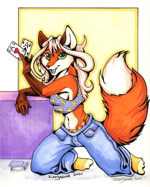 &#9824; &lt;3 ace_of_hearts ace_of_spades beige_hair canine card female fox green_eyes jeans mammal midriff panties playing_card playing_cards solo underwear xianjaguar