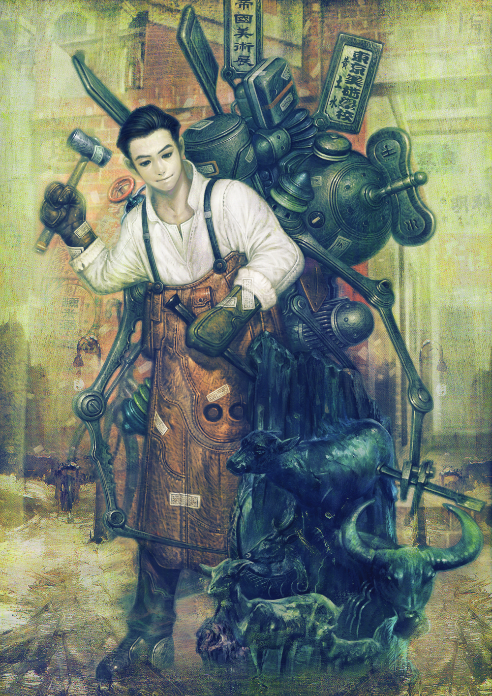 animal apron bad_id bad_pixiv_id black_eyes black_hair copyright_request cyborg gloves hammer highres kcn machine machinery male_focus mallet mechanical_arm open_clothes open_shirt sculpting shirt solo stake steampunk sticker valve