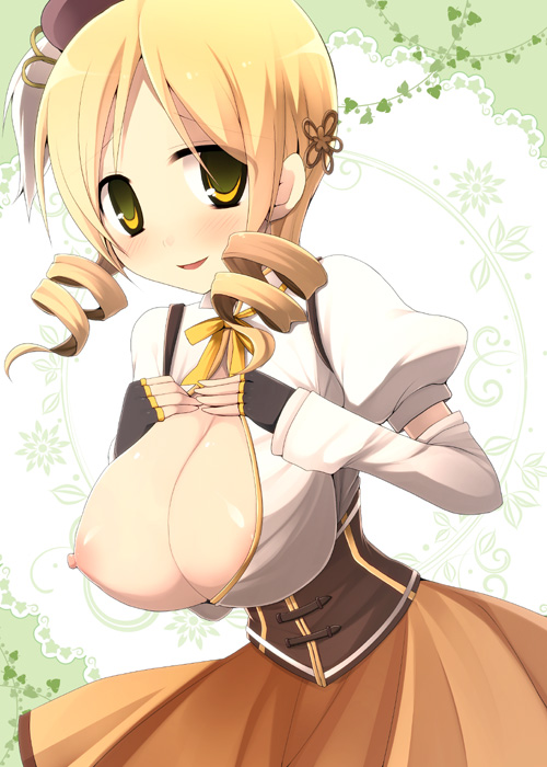 beret blonde_hair breasts detached_sleeves drill_hair fingerless_gloves gloves hair_ornament hat kujiran large_breasts magical_girl mahou_shoujo_madoka_magica solo tomoe_mami twin_drills twintails yellow_eyes