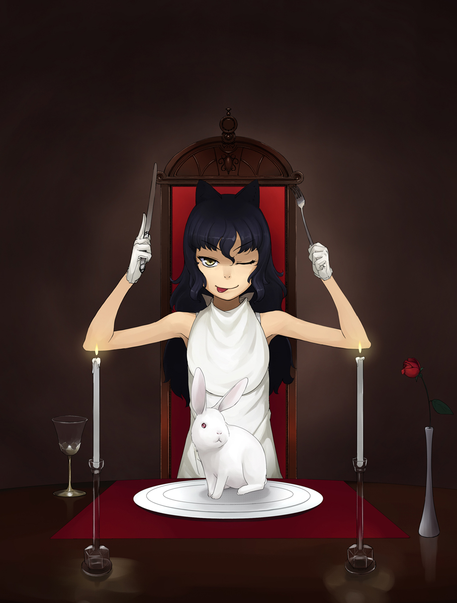 ;p arms_up bunny candle cup drinking_glass fire flame flower fork gahaku gloves highres knife new_year one_eye_closed original plate red_flower red_rose rose sleeveless solo tongue tongue_out vase white_gloves wine_glass yellow_eyes